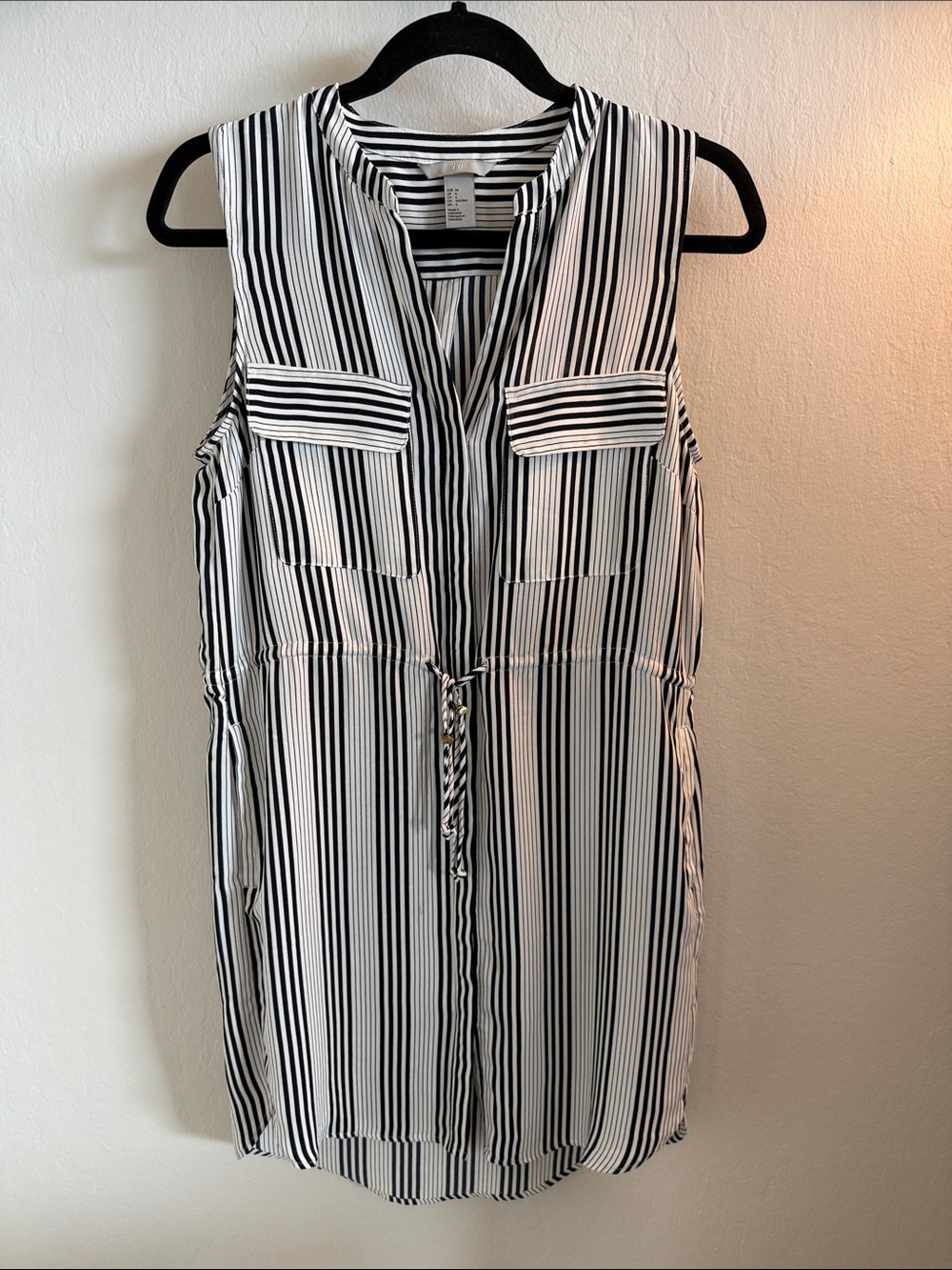 H&M Black & White Vertical Stripe Sleeveless Tie-Waist Shirt Dress